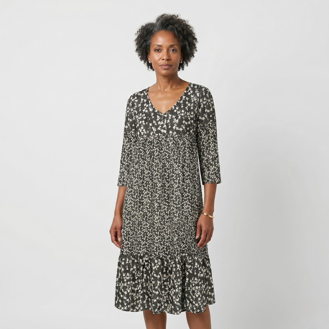 Charcoal gray floral midi dress with light pattern detail
