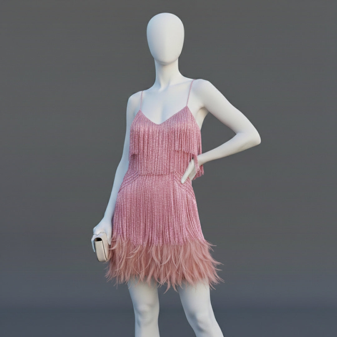 Women’s Sequined Mini Dress with Feather Trim Sleeveless Sparkling Evening Gown