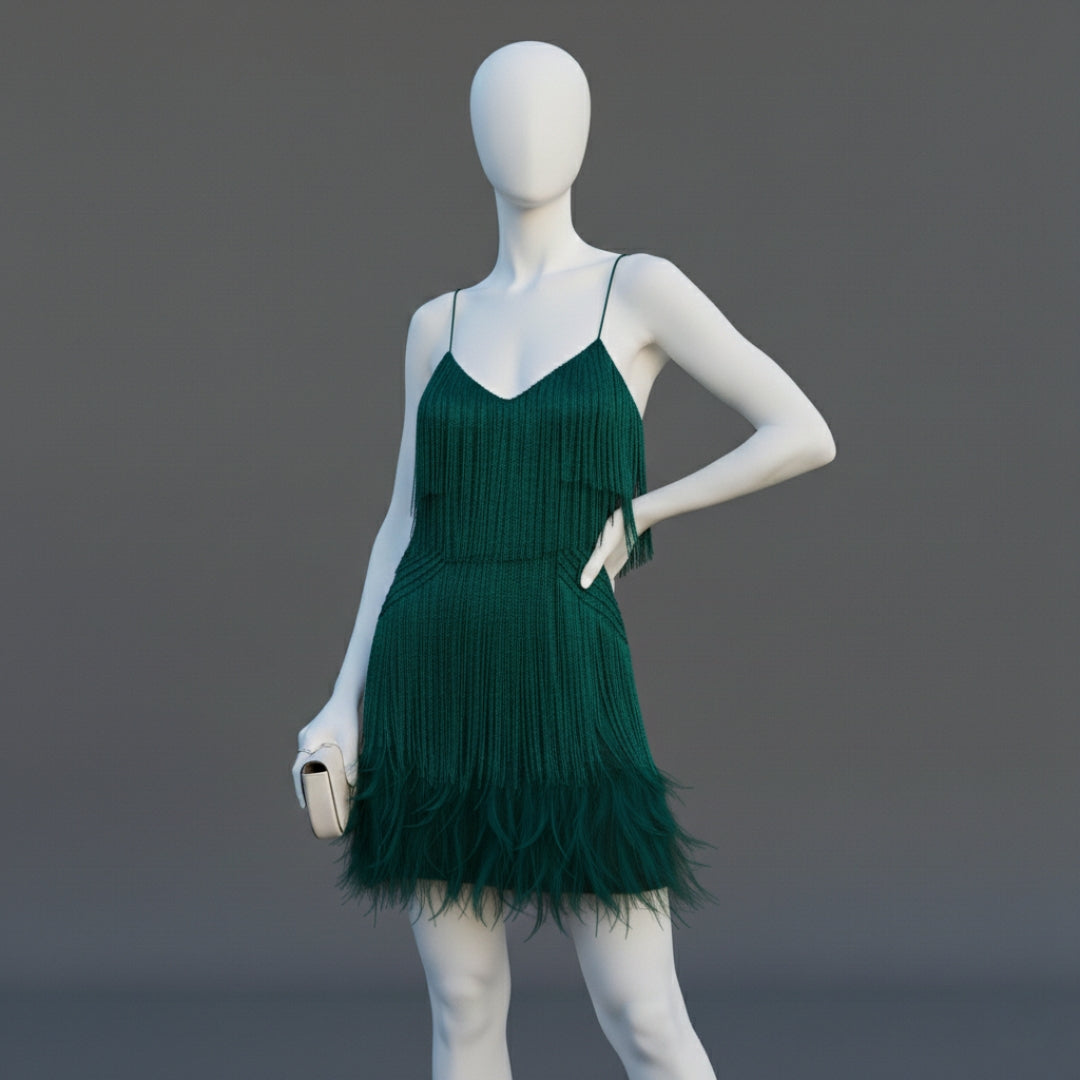 Women’s Sequined Mini Dress with Feather Trim Sleeveless Sparkling Evening Gown