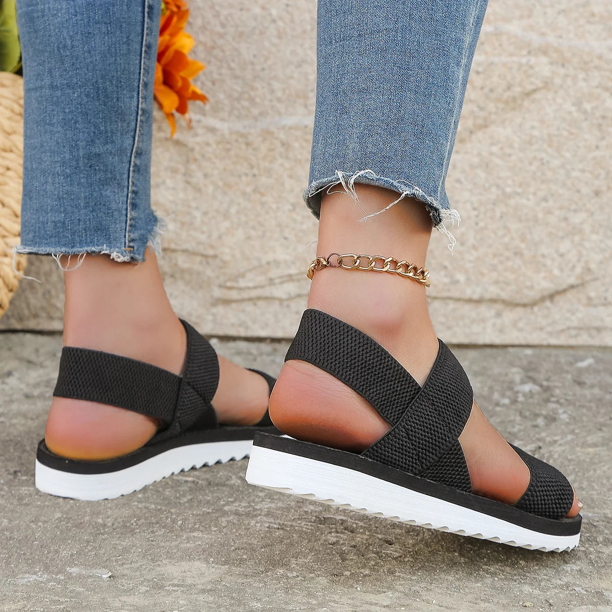 Women’s Sporty Flat Sandals – Breathable Elastic Straps Contrast White Sole