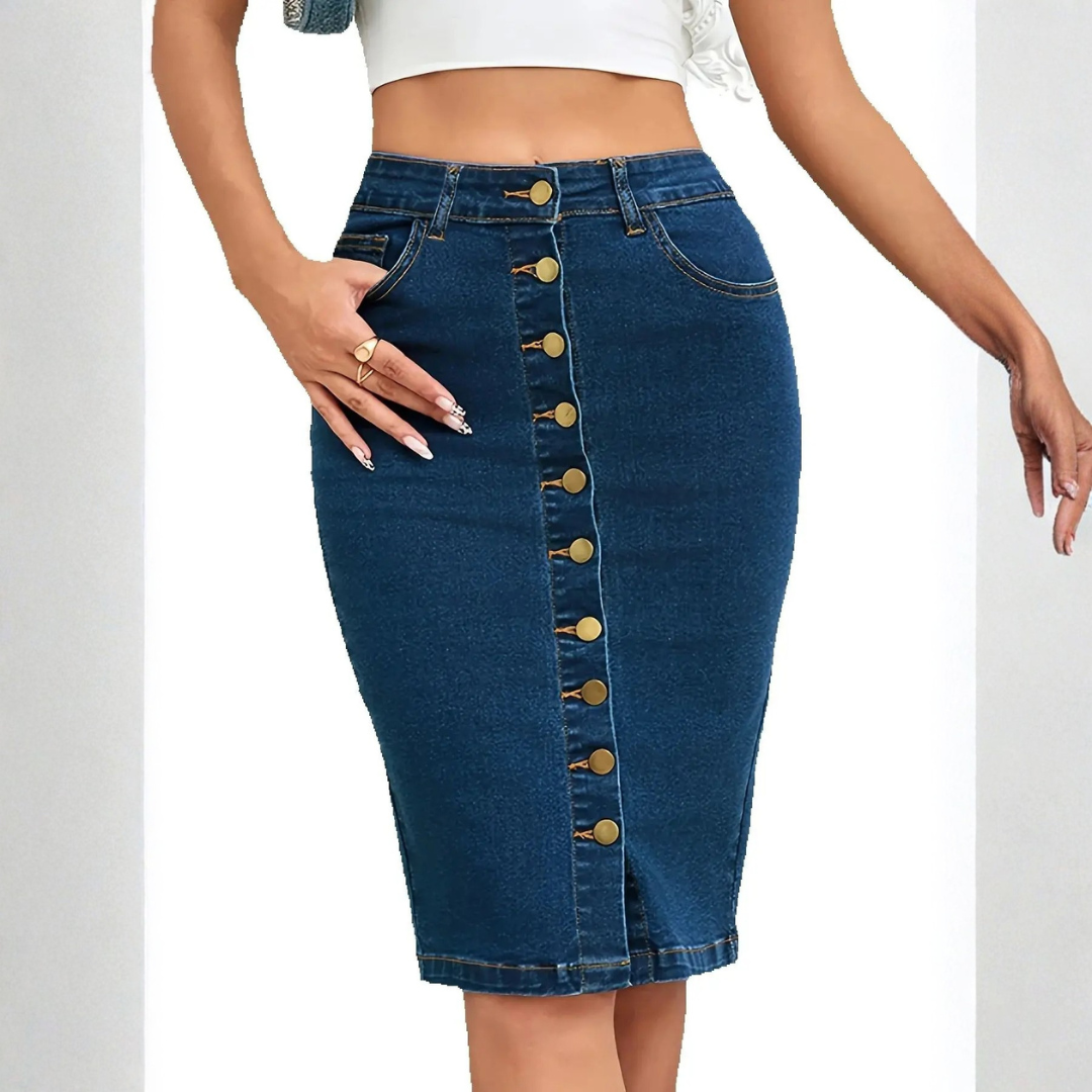 Women's Spring Denim Pencil Skirt with Multi-Button Design and Slim Fit