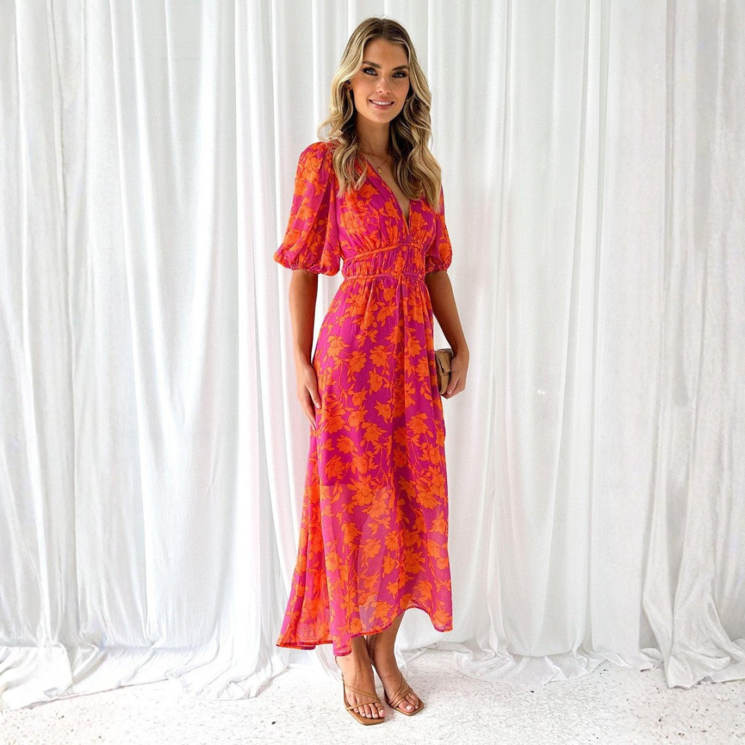 Women's Summer Floral Maxi Dress – Elegant V-Neck Design for Weddings and Parties