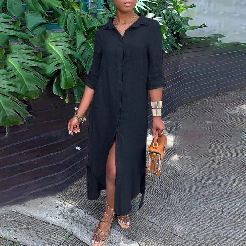 Women's Summer Maxi Dress – Stylish Button-Down V-Neck Long Sleeve Linen Fit
