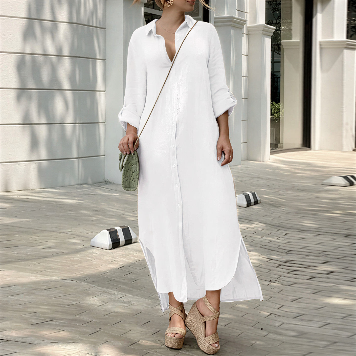 Women's Summer Maxi Dress – Stylish Button-Down V-Neck Long Sleeve Linen Fit