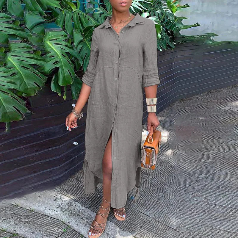 Women's Summer Maxi Dress – Stylish Button-Down V-Neck Long Sleeve Linen Fit