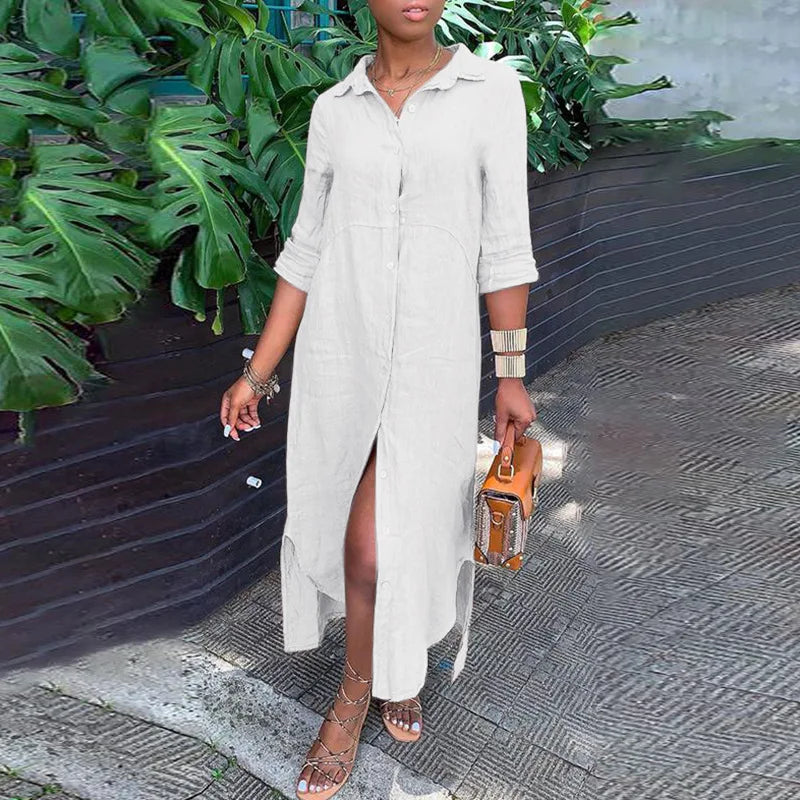 Women's Summer Maxi Dress – Stylish Button-Down V-Neck Long Sleeve Linen Fit