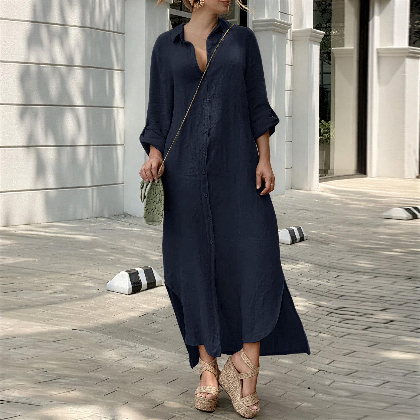 Women's Summer Maxi Dress – Stylish Button-Down V-Neck Long Sleeve Linen Fit