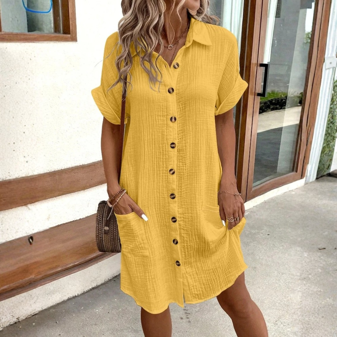 Women's Summer Mini Dress – Lightweight Button-Down V-Neck Cotton Gauze Style