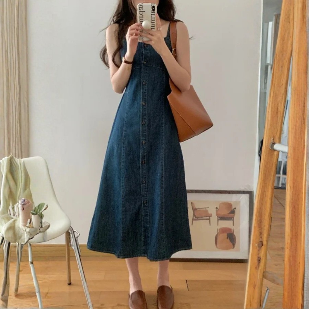 Women's Vintage Strap Denim Dress – Breathable Long Skirt with Slim Fit