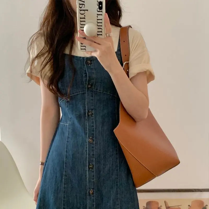 Women's Vintage Strap Denim Dress – Breathable Long Skirt with Slim Fit