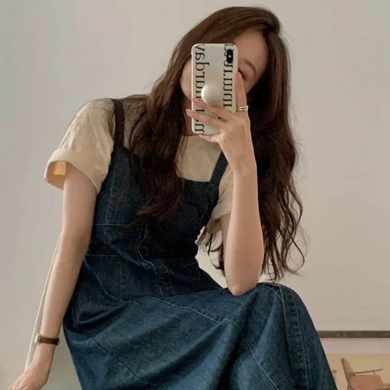 Women's Vintage Strap Denim Dress – Breathable Long Skirt with Slim Fit