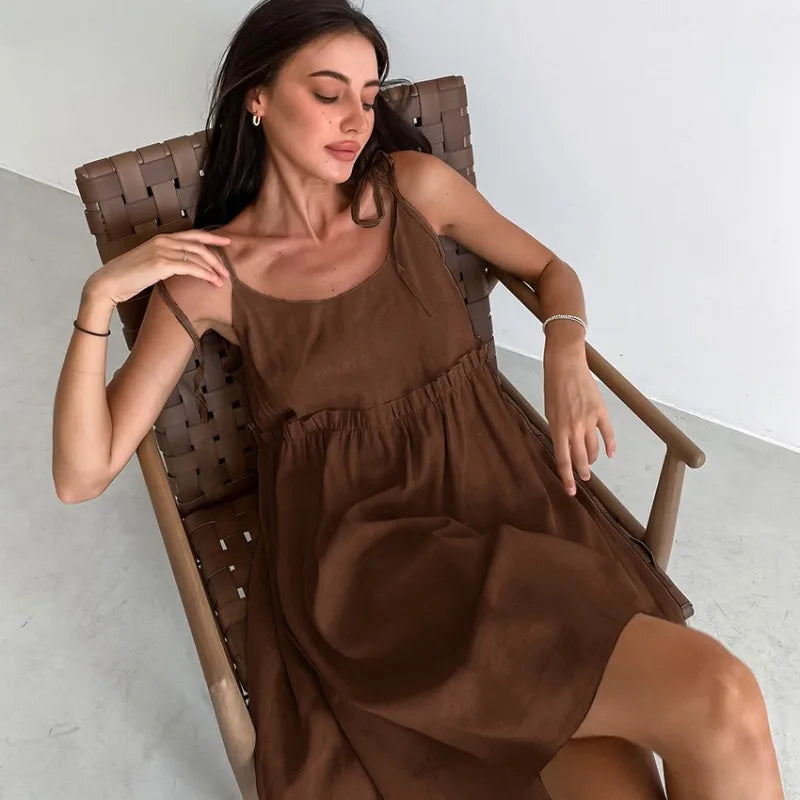 Women's Summer Linen Suspender Dress – Casual Loose Fit with Ruffled Edges 1