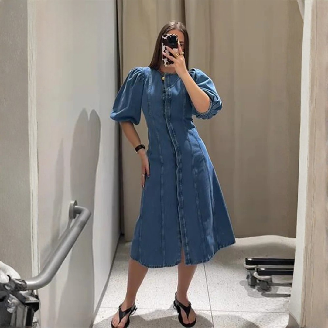 Womens Summer Denim Dress Puff Sleeve – Flattering A-line Fit with Covered Buttons