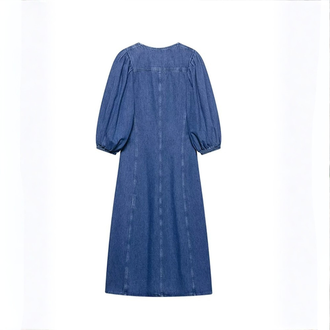 Womens Summer Denim Dress Puff Sleeve – Flattering A-line Fit with Covered Buttons