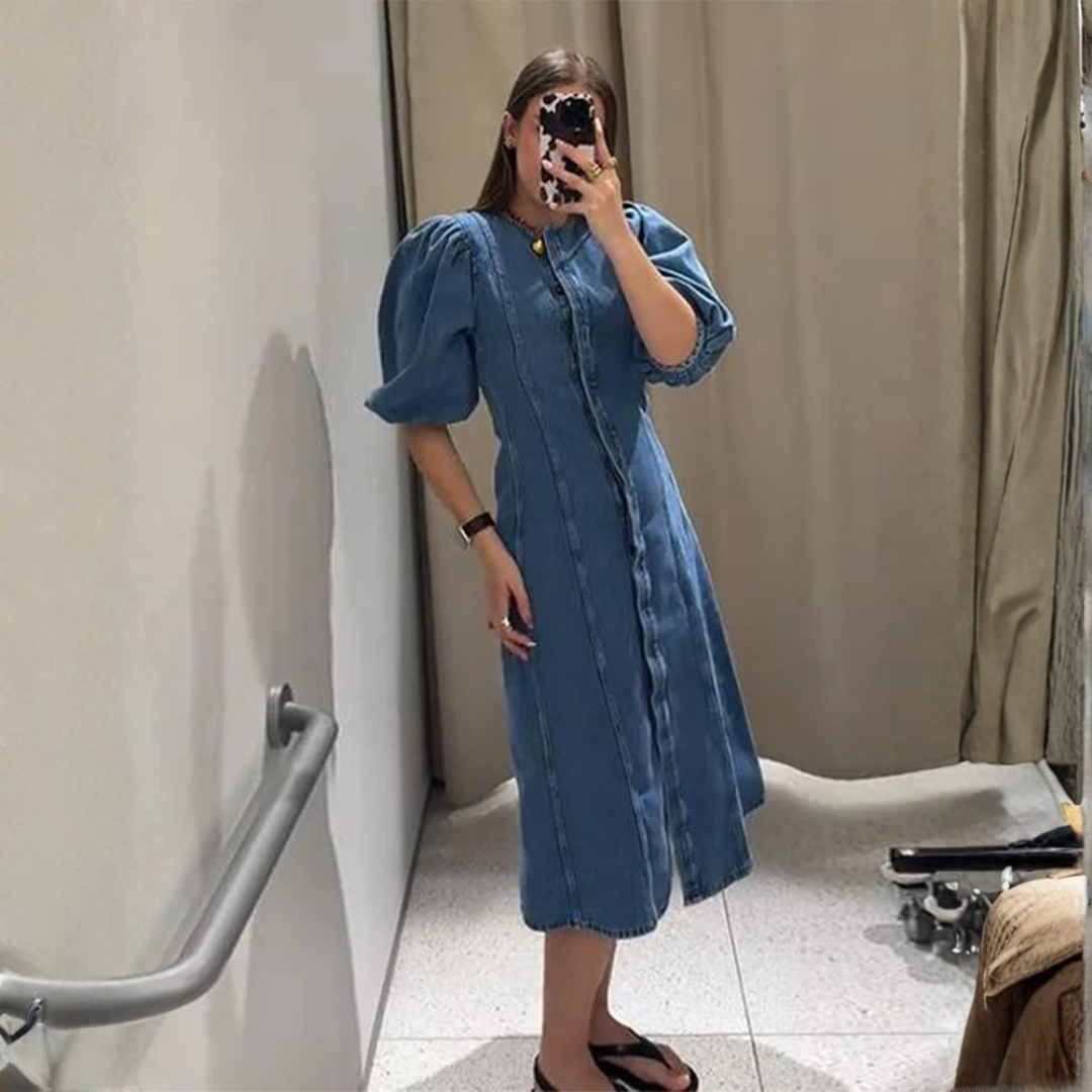 Womens Summer Denim Dress Puff Sleeve – Flattering A-line Fit with Covered Buttons