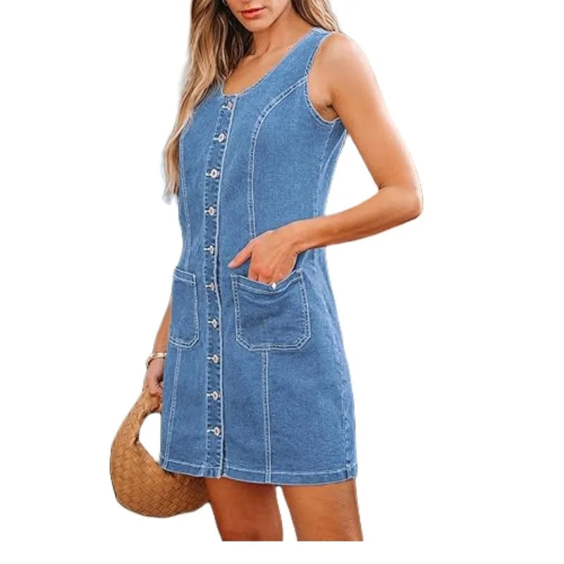 Womens Summer Denim Dress – Stylish Sleeveless Design with High Waist and Mini Skirt Length