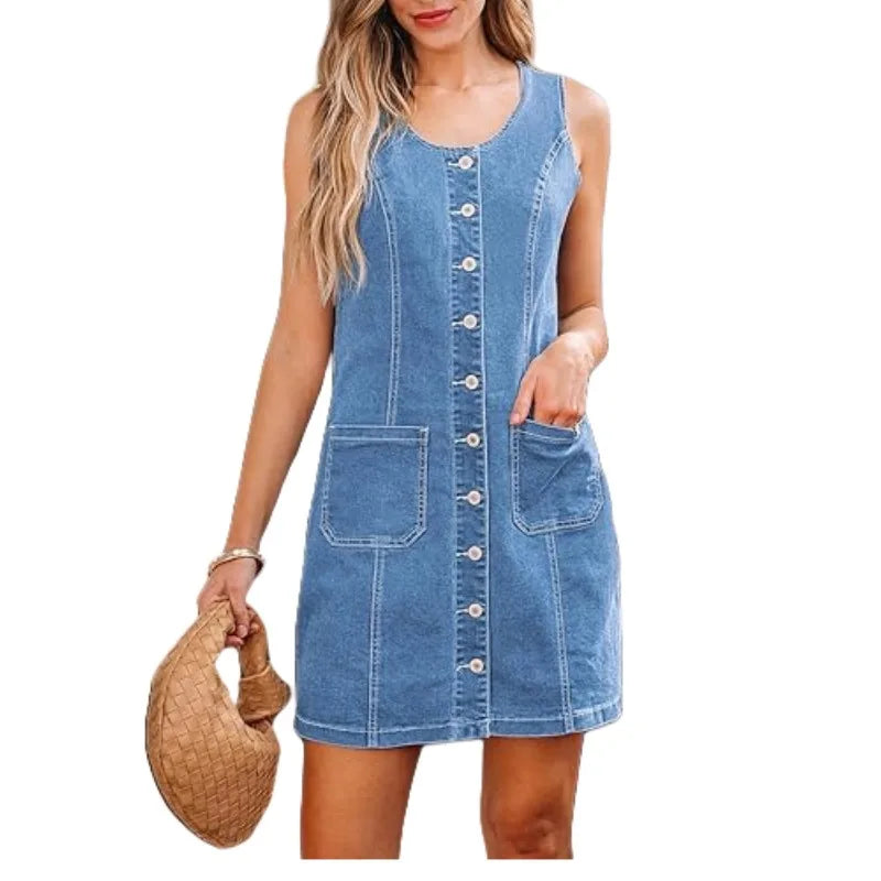 Womens Summer Denim Dress – Stylish Sleeveless Design with High Waist and Mini Skirt Length