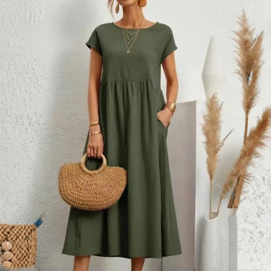 Womens Summer Vintage Dress – Elegant Loose Fit Cotton Linen Sundress