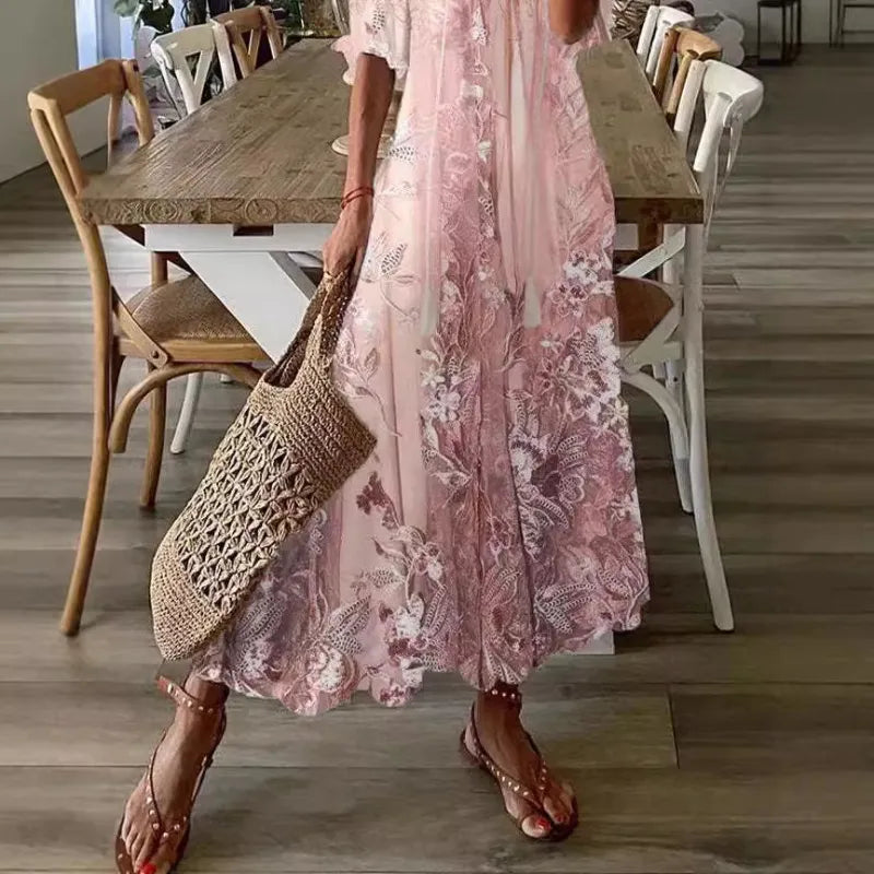 Side view of pink gradient floral print flowy summer kaftan