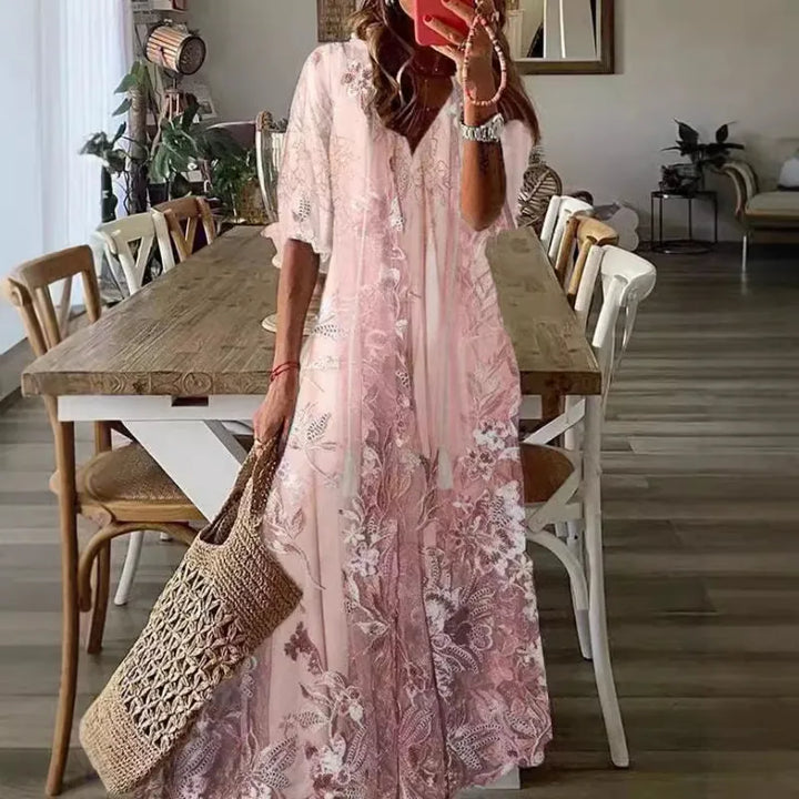 Full length pink lace-inspired floral maxi dress with half sleeves