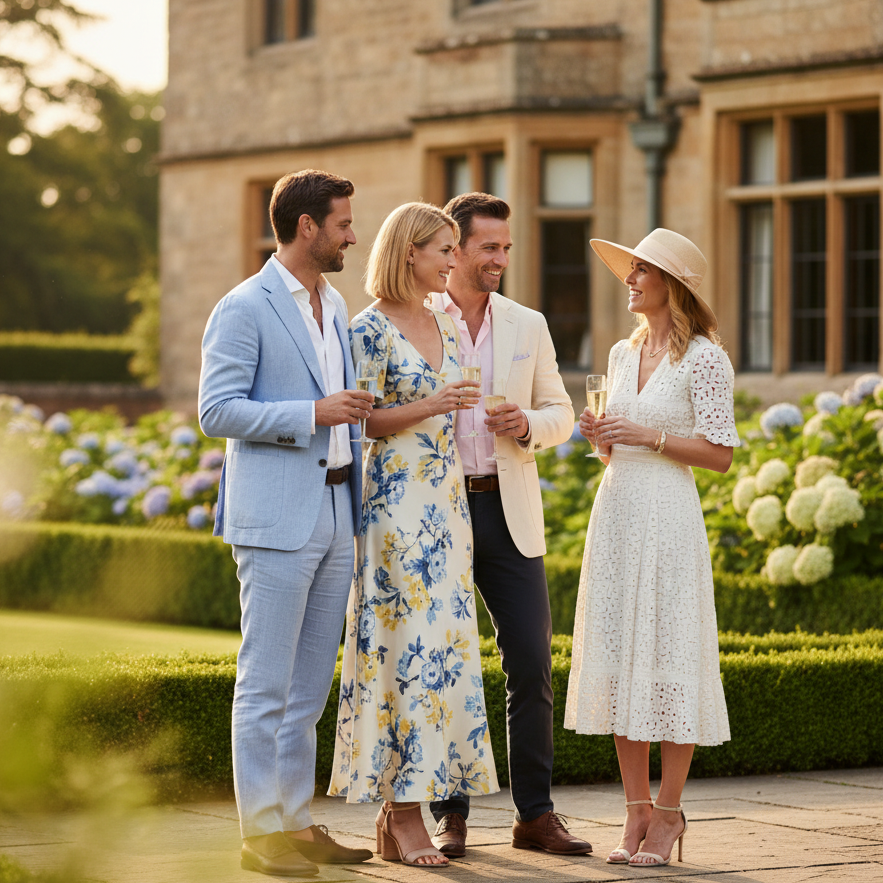 About us page Four people socializing outdoors in front of a large building with floral gardens.