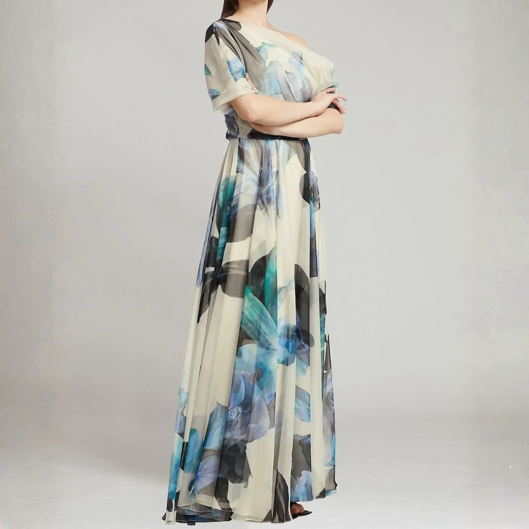 Blue teal floral one shoulder draped chiffon maxi dress side view
