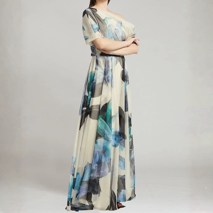 Blue teal floral one shoulder draped chiffon maxi dress side view