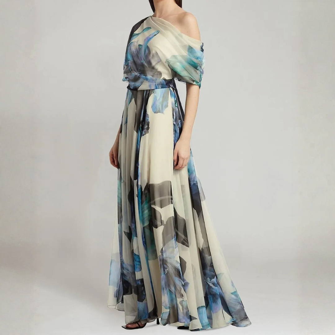 Asymmetrical off shoulder floral print chiffon gown front detail