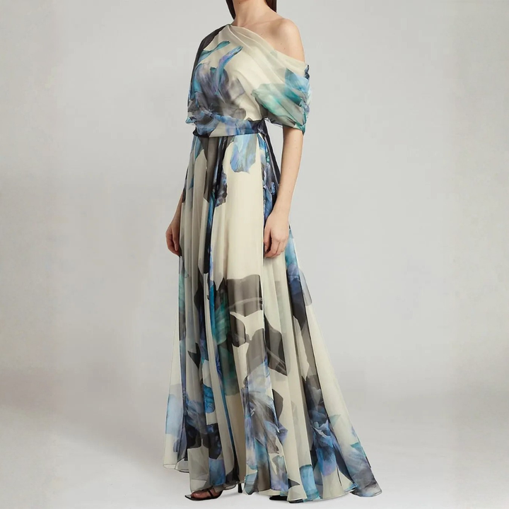 Asymmetrical off shoulder floral print chiffon gown front detail