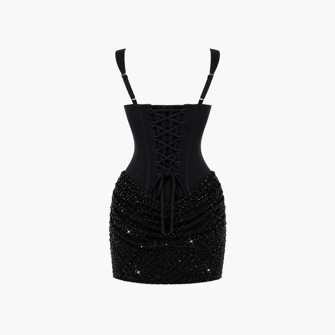 Black sequin mini dress back view with lace-up corset bodice