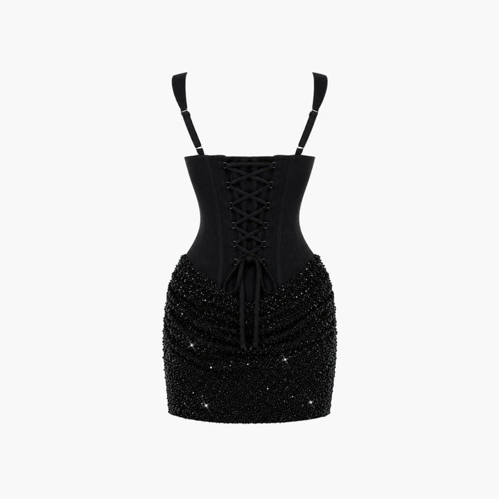 Black sequin mini dress back view with lace-up corset bodice
