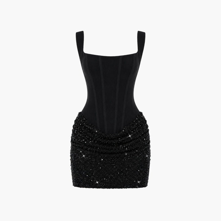 Black sleeveless sequin mini dress flat lay product shot
