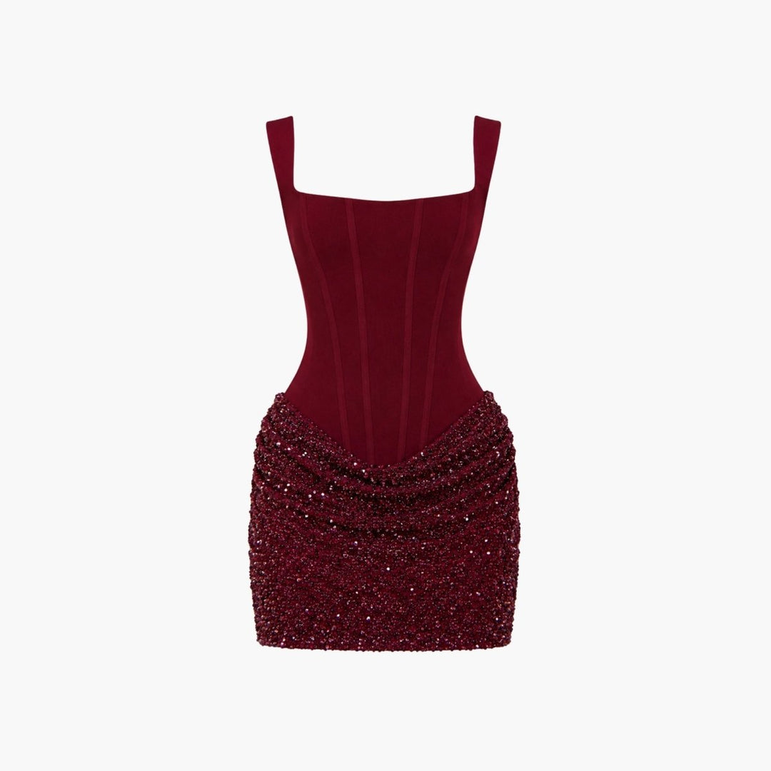 Burgundy square neck sequin mini dress on mannequin