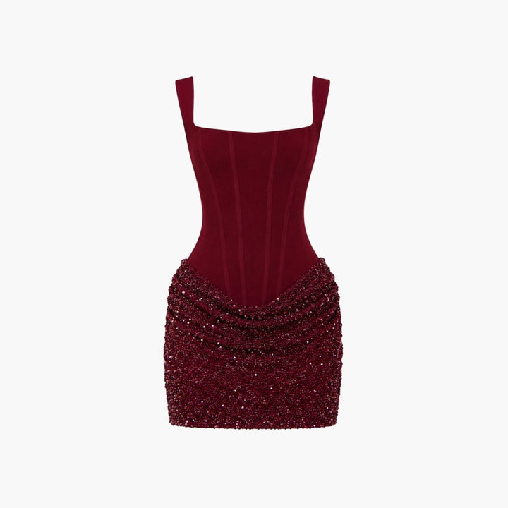 Burgundy square neck sequin mini dress on mannequin