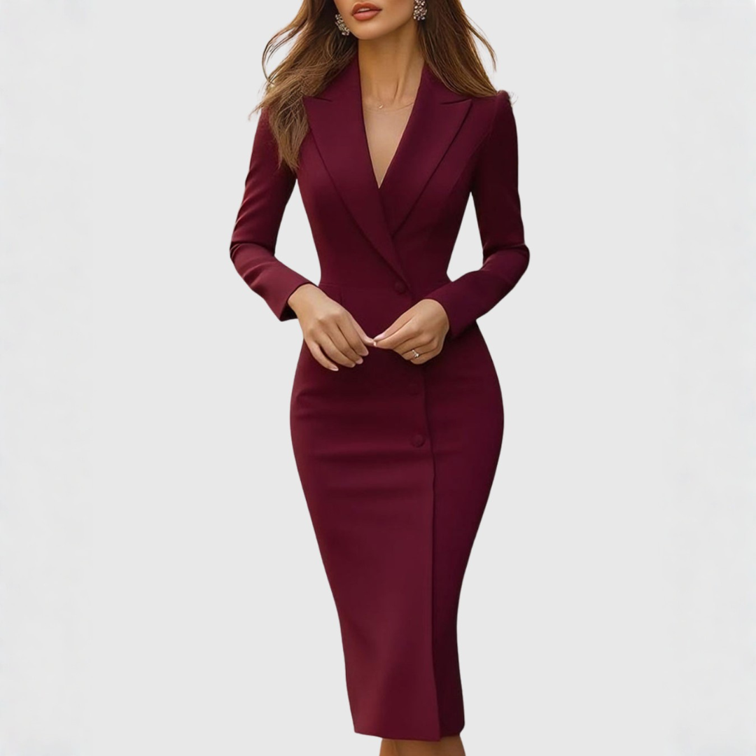 Burgundy tailored blazer dress with notched lapel and V-neckline