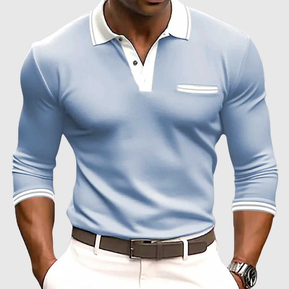 Casual Long Sleeve Polo – Button-Up Contrast Collar Breathable Pique