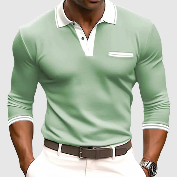 Casual Long Sleeve Polo – Button-Up Contrast Collar Breathable Pique