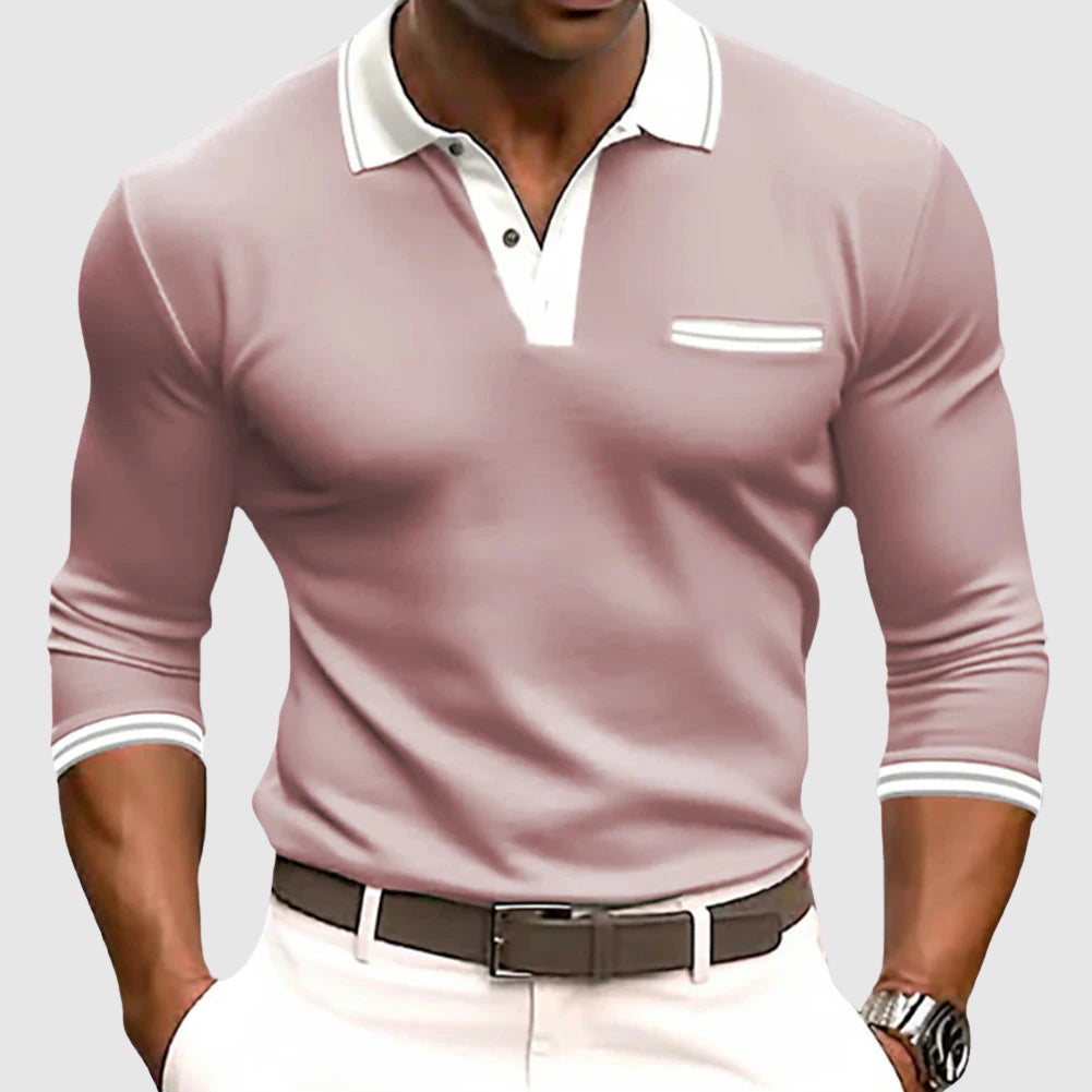 Casual Long Sleeve Polo – Button-Up Contrast Collar Breathable Pique