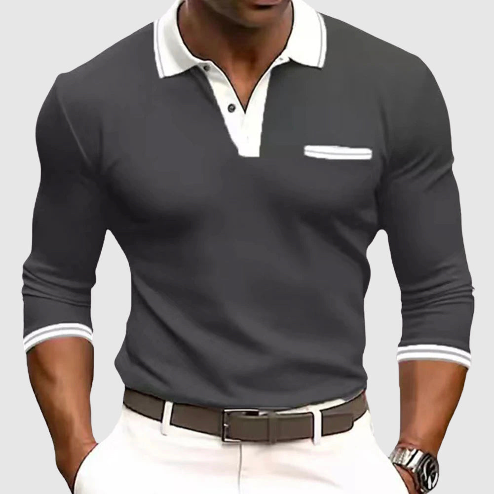 Casual Long Sleeve Polo – Button-Up Contrast Collar Breathable Pique
