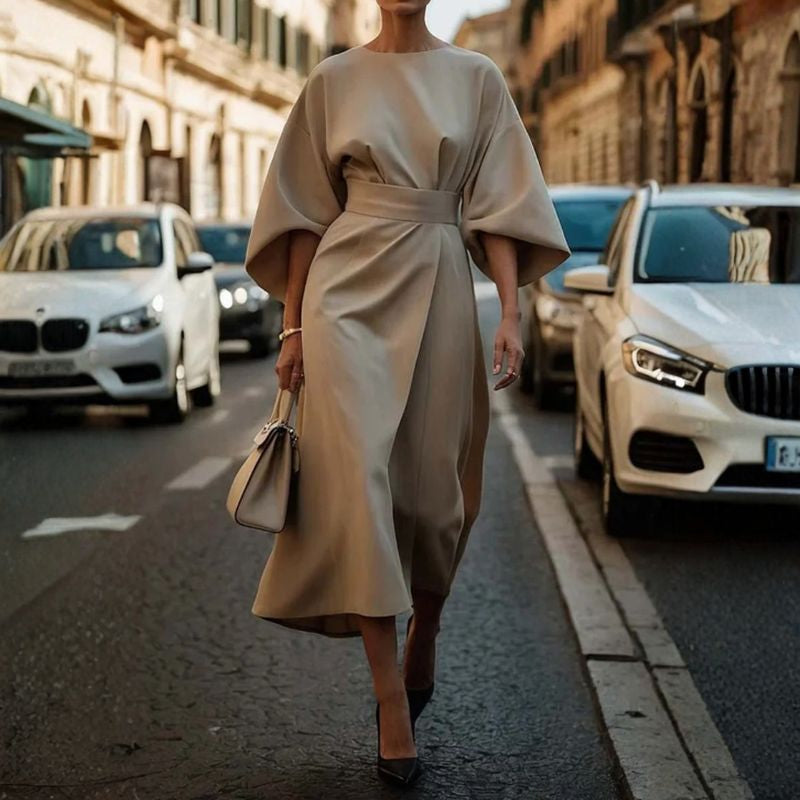 Beige batwing sleeve midi dress with voluminous lantern sleeves and A-line cut