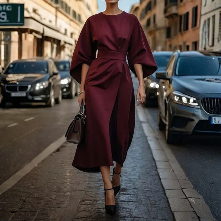 Burgundy batwing sleeve midi dress with self-tie belt and flowing A-line silhouette