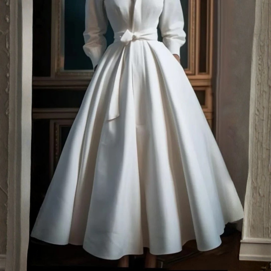 Close-up of white formal gown showing deep pleats and front tie belt detail