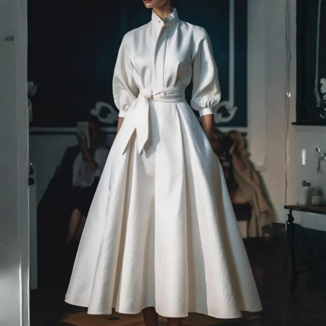 White vintage stand collar maxi dress with pleated A-line skirt and belted waist