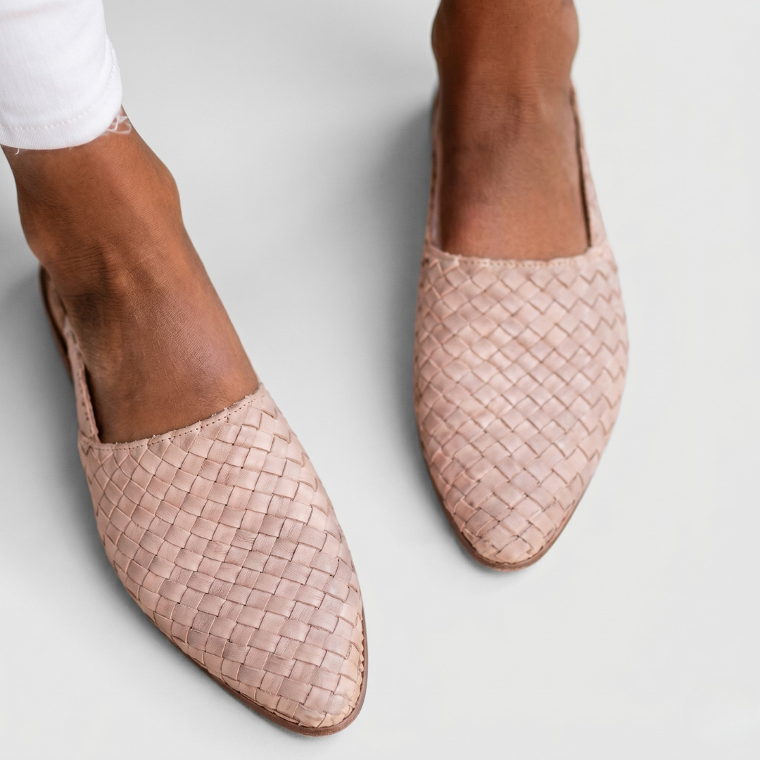 Beige woven orthopedic sandals for women with basket-weave texture and slip-on design