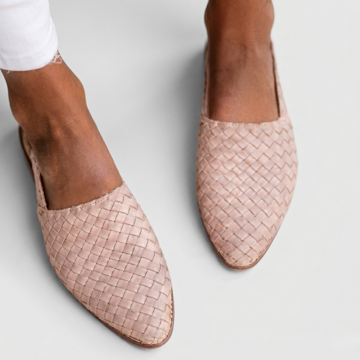 Beige woven orthopedic sandals for women with basket-weave texture and slip-on design