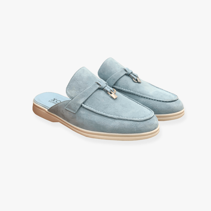Light blue women's open-back suede mules with gold metal strap detail