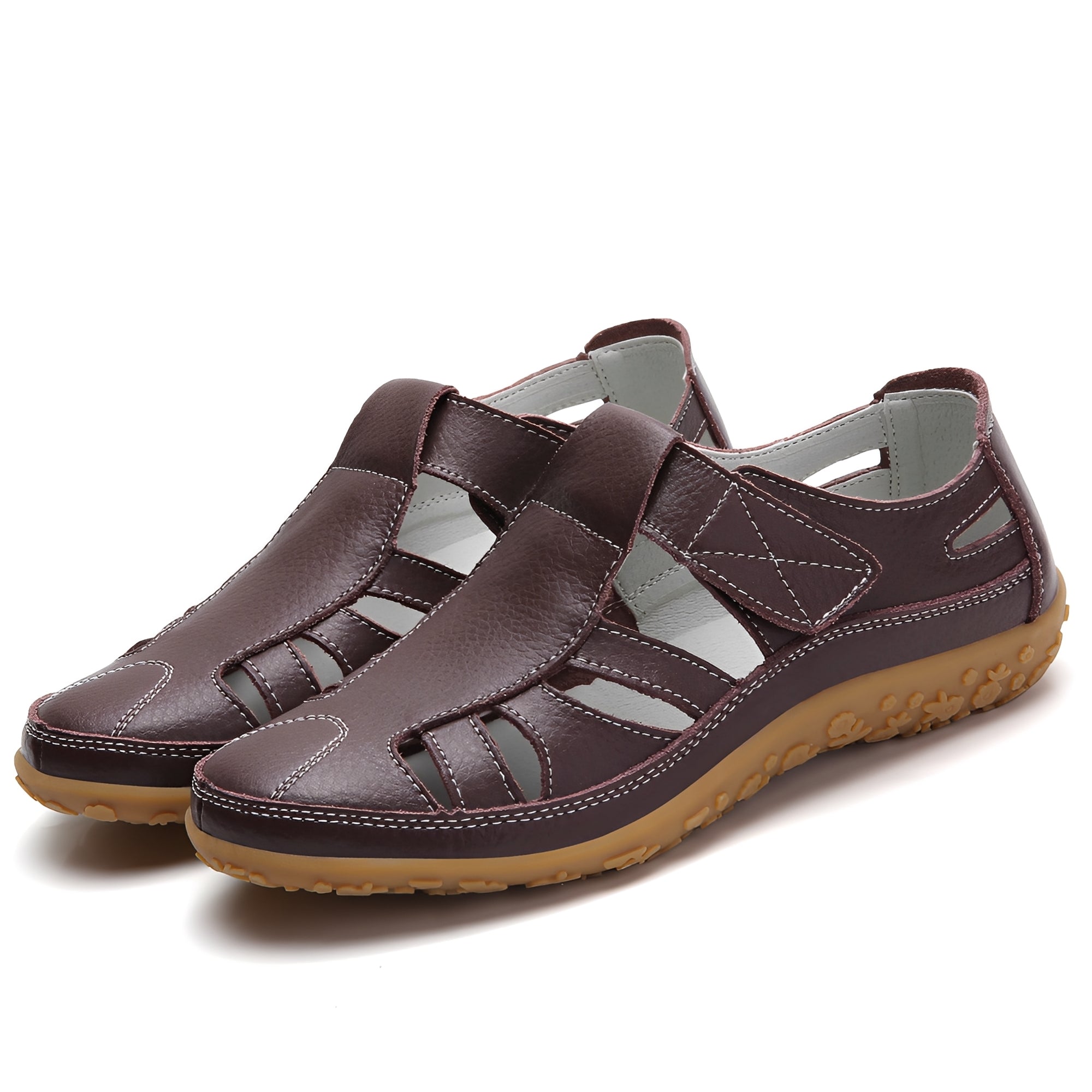 Comfortable Walking Sandals – Cushioned Rubber Sole Closed-Toe Leather