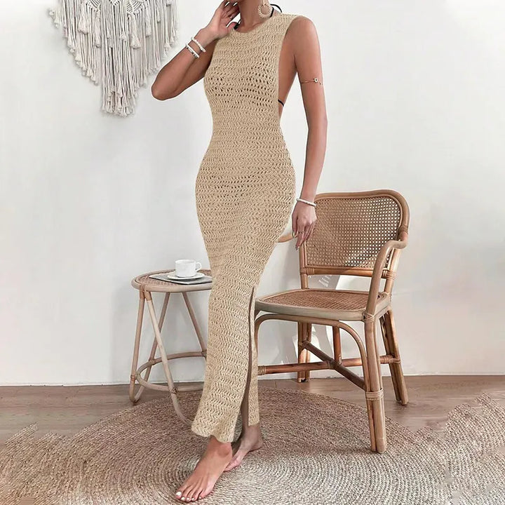 Beige sleeveless open-knit crochet maxi dress with bodycon fit and front slit