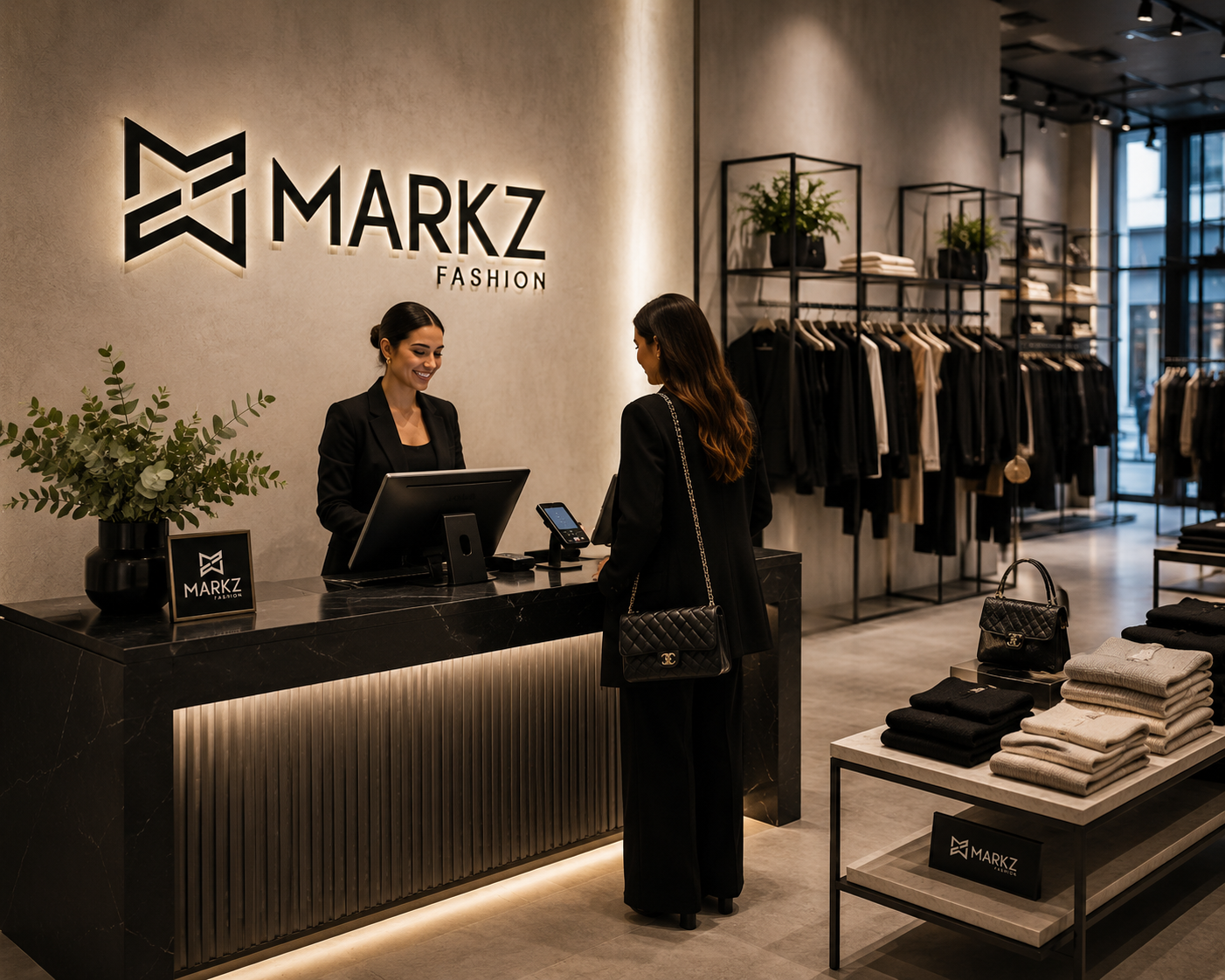 Customer interacting with a staff at the reception desk in a Markz Fashion store.