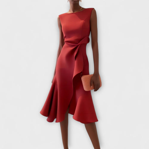 Midi Dress Rust Red | Cascading Ruffle Front Sleeveless Cocktail Gown